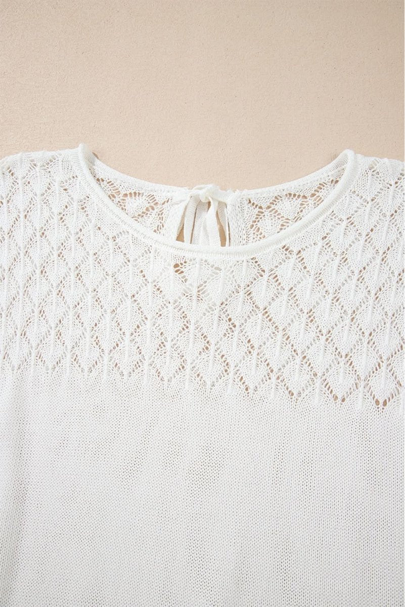 Elegant White Eyelet Knit Short Sleeve Sweater with Tied Back Detail - Love Salve